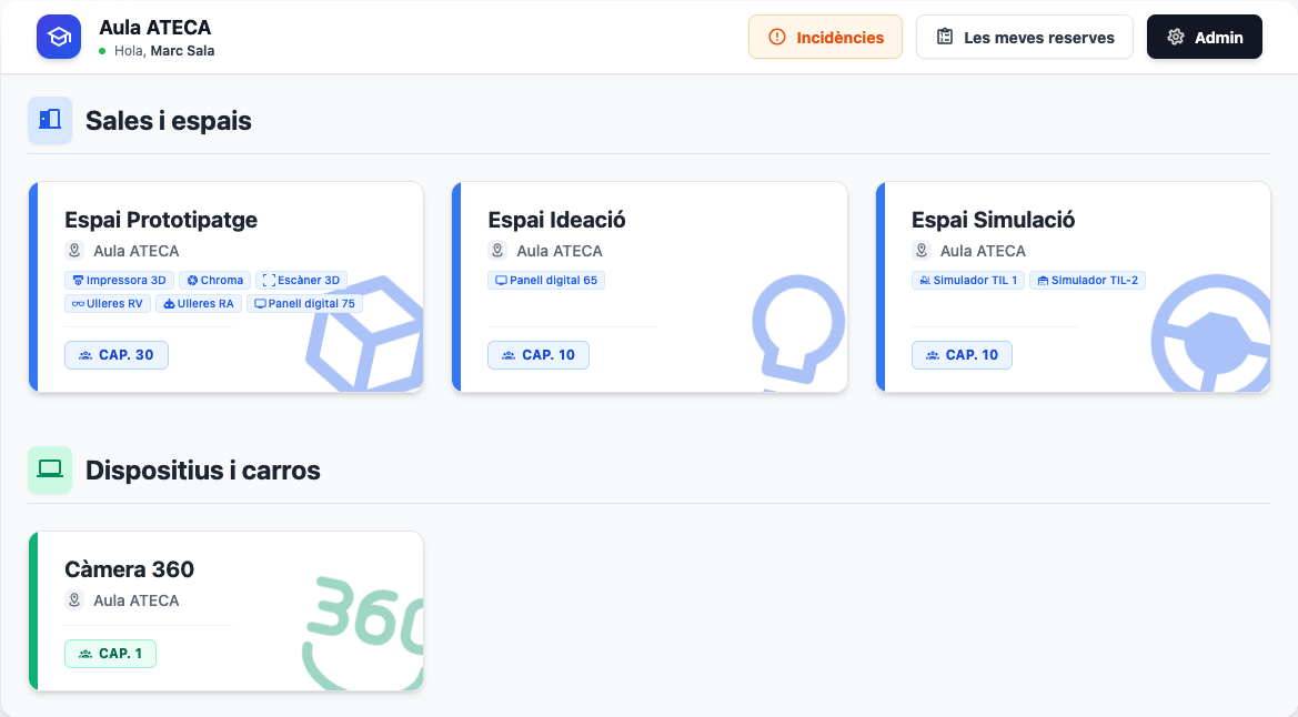 Vista de la pantalla home de l'aplicació de reserva d'espais i recursos